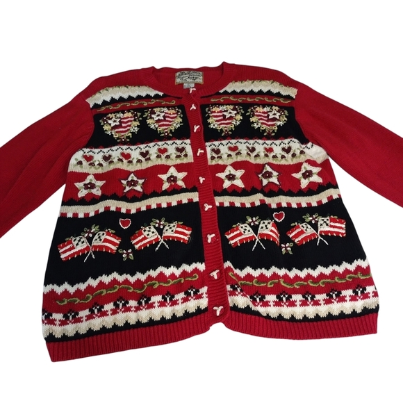 Vtg Heirloom Collectibles Cardigan Sweater Red Cotton Blend Embroider Flags Sz L - Picture 6 of 7